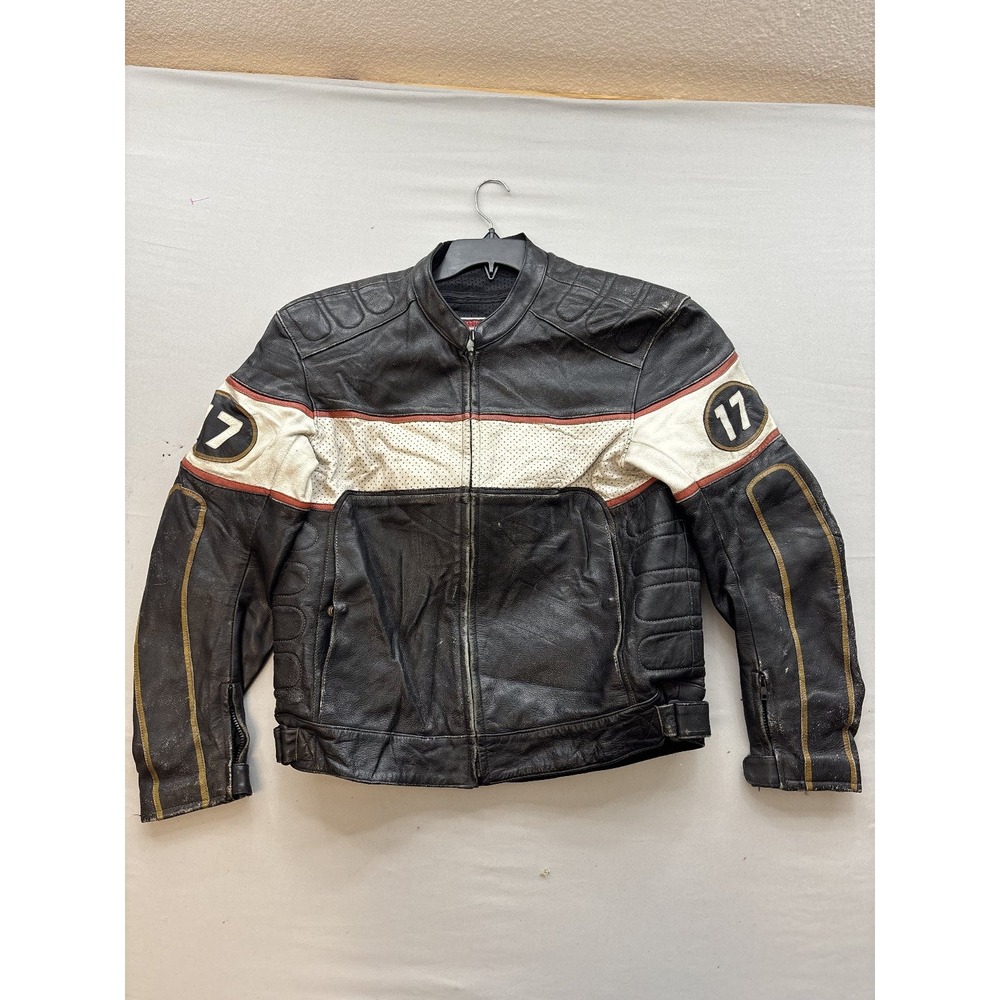 FIRSTGEAR Vintage Motorcycle Leather Jacket Black Red Racing Padded Armor 44